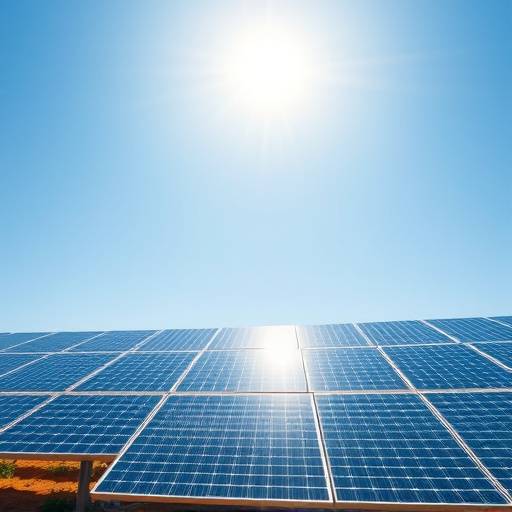 Campo di pannelli solari che catturano l'energia del sole in una giornata limpida