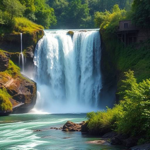Cascata impetuosa che si getta in un fiume sottostante, circondata da una rigogliosa vegetazione verde.