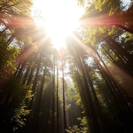 Fitta foresta di alberi ad alto fusto con luce solare che filtra attraverso il fogliame