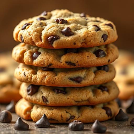 Fotografia ravvicinata di vari biscotti con gocce di cioccolato impilati, che simboleggiano i cookie utilizzati nei siti web.