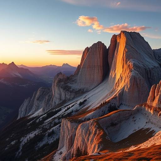 Immagine panoramica delle Dolomiti al tramonto, con le cime rocciose illuminate dai colori caldi