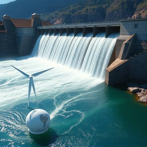 Impianto idroelettrico con diga e acqua che scorre, producendo energia pulita