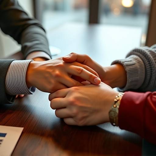Mani che si stringono sopra un tavolo, simbolo di collaborazione e partnership