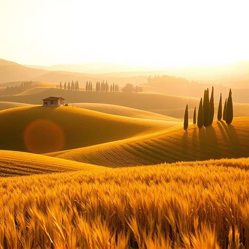 Paesaggio collinare della Toscana con campi di grano e cipressi, caratteristico della regione