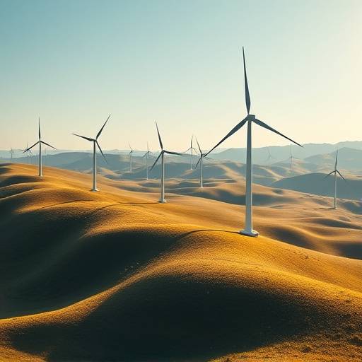 Parco eolico con turbine eoliche che ruotano, creando energia pulita, in un paesaggio collinare