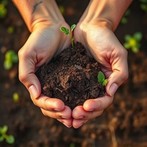 Primi piani di mani che tengono una manciata di terra ricca e fertile, simbolo di salute del suolo e pratiche agricole sostenibili.