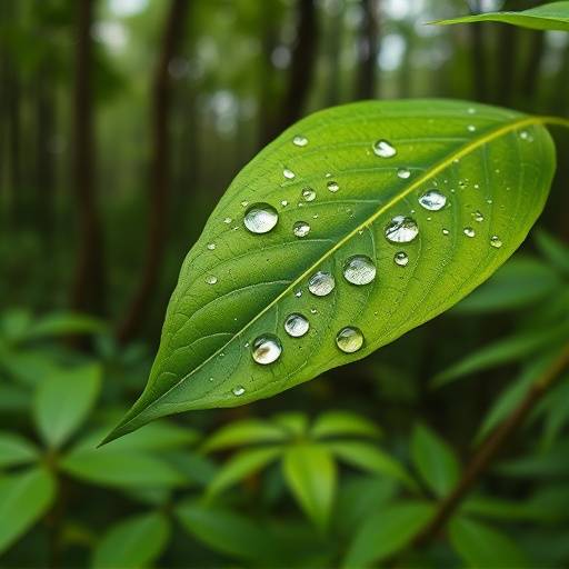 Primo piano di una foglia verde con gocce di rugiada, simbolo della biodiversità e della vita nelle foreste.