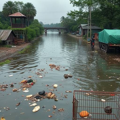 Rifiuti galleggianti in un corso d'acqua inquinato, evidenziando l'impatto negativo dell'inquinamento sull'ambiente acquatico.