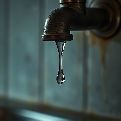 Rubinetto che gocciola, simbolo dello spreco d'acqua e della necessità di conservare questa risorsa preziosa.