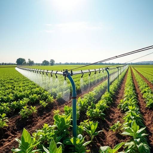 Sistema di irrigazione a goccia in un campo agricolo, dimostrando un uso efficiente e mirato dell'acqua.