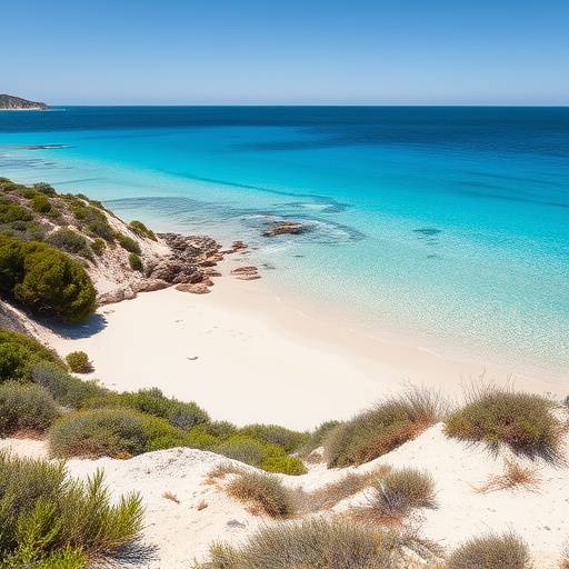 Spiaggia di sabbia bianca in Sardegna con acque turchesi e vegetazione mediterranea sullo sfondo