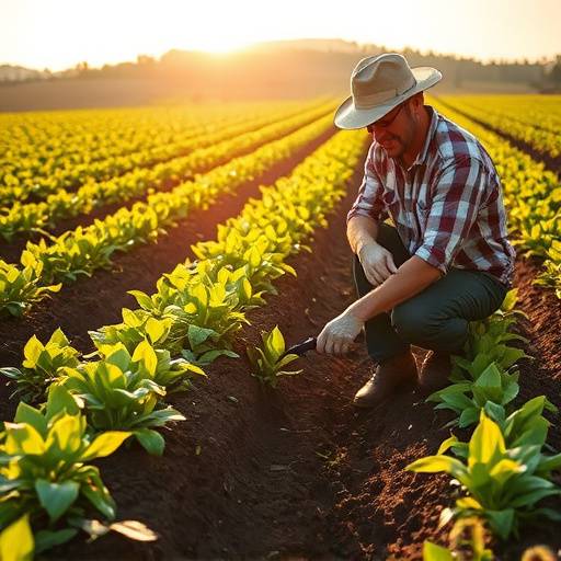 Un agricoltore che esamina il suolo fertile in un campo, a simboleggiare l'impegno per l'agricoltura sostenibile e la gestione responsabile del suolo.