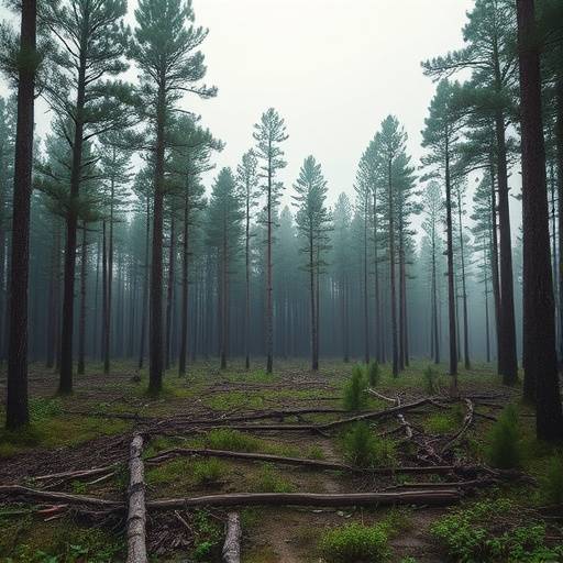 Un'area deforestata con alberi abbattuti, che evidenzia l'impatto negativo della deforestazione sull'ambiente.