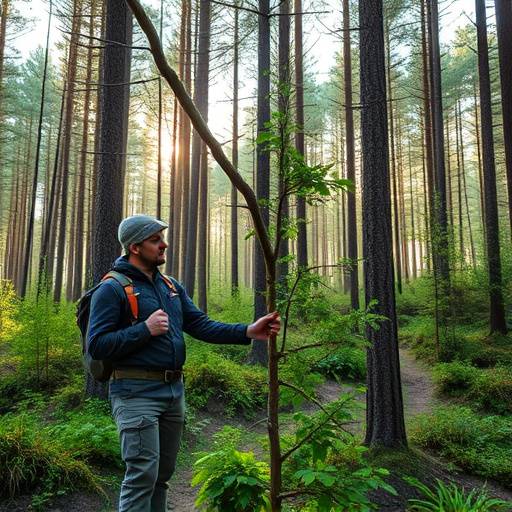 Un forestale che esamina un giovane albero in una foresta gestita in modo sostenibile.