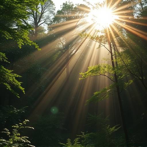 Una foresta rigogliosa con raggi di sole che filtrano attraverso gli alberi, simboleggiando il ruolo delle foreste nell'assorbimento di CO2 e nella mitigazione dei cambiamenti climatici.