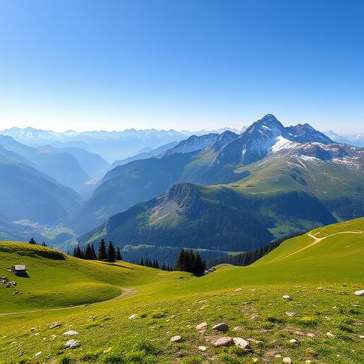 Vista panoramica delle Alpi con prati verdi e cime innevate in una giornata soleggiata