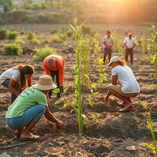 Volontari che piantano alberi in un'area degradata, che simboleggia l'impegno di EcoItalia per la riforestazione e il ripristino del suolo per un futuro sostenibile.